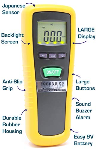 Medidor de amoníaco básico de Forensics | 0-100 ppm con resolución de 1 ppm | Granja, aves de corral, cerdo y ganado | Agarre de goma suave al tacto | Pantalla grande y retroiluminación | Modo: