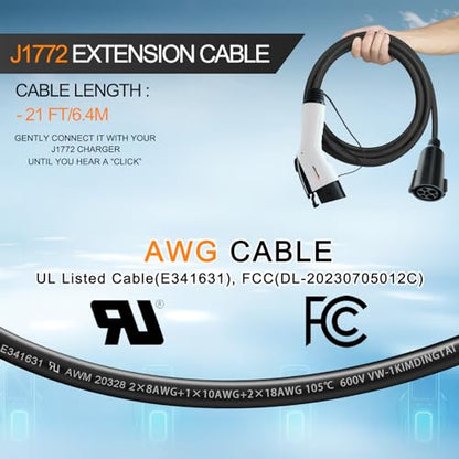 Extension Cable Compatible with All SAE J1772 EV Chargers, 21ft Max 250V 48A EV Charging Cable Extension for Home and Outdoor Electric Car Charging