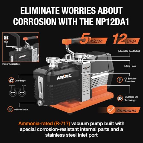NAVAC NP12DA1 Bomba de vacío de amoníaco - Resistente a la corrosión para amoníaco (R-717) - Caudal de 12 CFM - Vacío de 5 micras - Bomba HVAC de doble etapa - Diseño de grado industrial