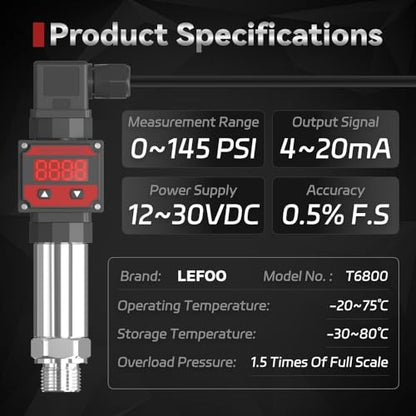 LEFOO Transmisor de presión digital Transductor de sensor de presión 4-20mA con pantalla digital LCD (fuente de alimentación: 12-30VDC, rango de presión: 0-145PSI)