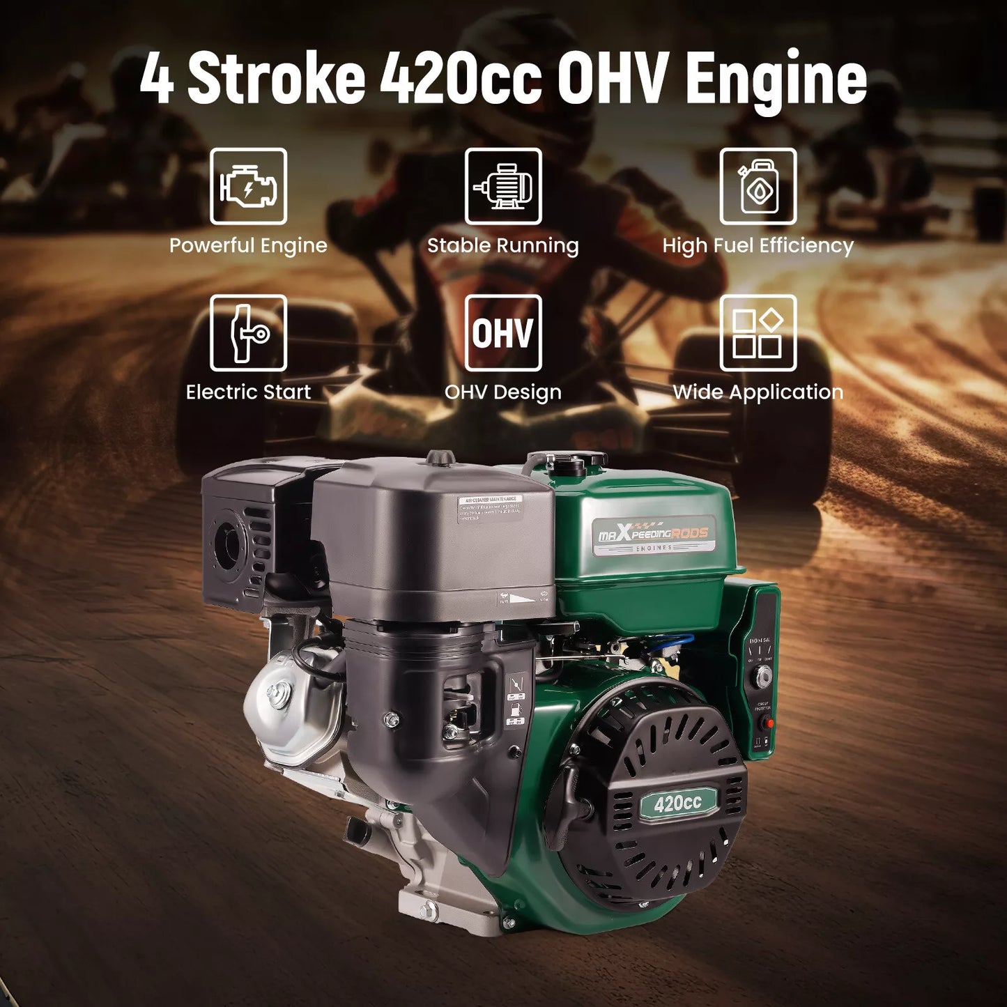 Motor horizontal de gasolina de 4 tiempos y 15 HP y 420 cc con arranque eléctrico para karts 8M0N2B