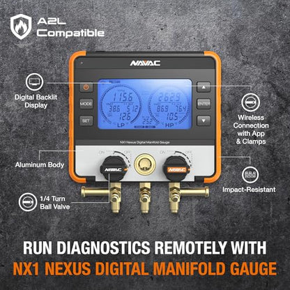 NAVAC NX1V Nexus - Manómetro digital para sondas de temperatura, con Bluetooth para sondas de temperatura, resistente a los impactos con cuerpo de aluminio y cubierta de goma, compatible con A2L