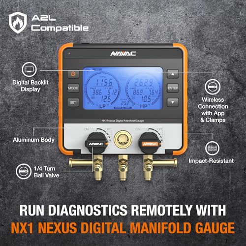 NAVAC NX1V Nexus - Manómetro digital para sondas de temperatura, con Bluetooth para sondas de temperatura, resistente a los impactos con cuerpo de aluminio y cubierta de goma, compatible con A2L