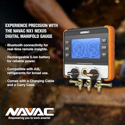 NAVAC NX1 Nexus - Manómetro digital para sondas de temperatura, con Bluetooth para sondas de temperatura, resistente a los impactos, con cuerpo de aluminio y cubierta de goma, compatible con A2L