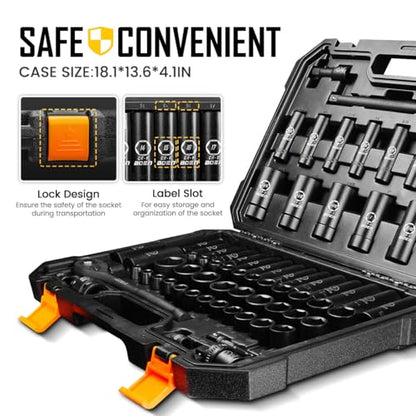 BOEN Juego de llaves de impacto de 1/2 pulgada, 72 piezas estándar SAE (5/16"-1-1/4") y métrico (0.315-0.945 in), kit profundo y poco profundo | Incluye mango de trinquete y adaptadores | Barra de