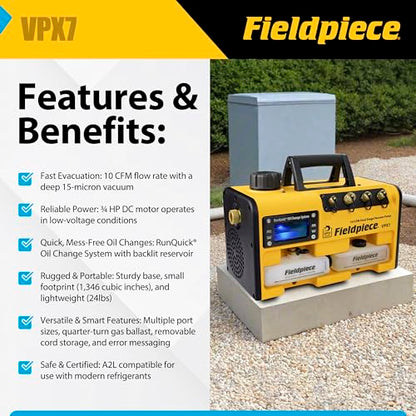 Fieldpiece Bomba de vacío VPX7 – 10 CFM, motor CC ¾ HP, sistema de cambio de aceite RunQuick – Portátil – Herramienta profesional HVAC – Compatible con A2L
