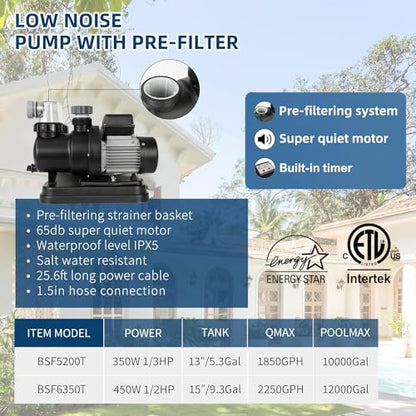 BlueBay Bomba de filtro de arena de 13 pulgadas, 1/3 HP 1850 GPH con temporizador, válvula de 7 vías y cesta coladora para piscinas sobre el suelo de hasta 8000 galones, fácil instalación, gris