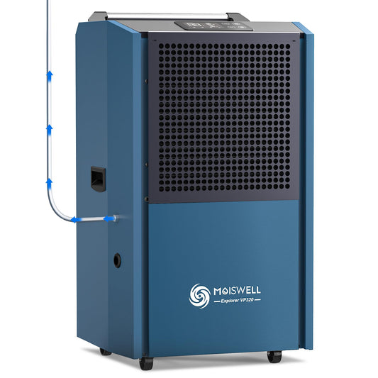 MOISWELL Explorer VP320 - Deshumidificador comercial de 305 pintas con bomba para sótanos, deshumidificadores industriales de grado comercial con manguera de drenaje, resistente para espacios grandes, deshumidificador de daños