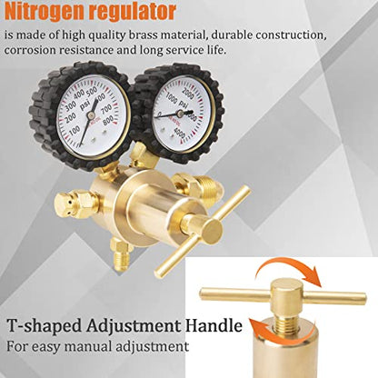 Regulador de nitrógeno HVAC con manguera de 60 pulgadas, regulador de nitrógeno 0-800 PSI de presión de salida, presión de entrada de 0-4000 PSI, conexión de entrada CGA580, conexión de salida macho