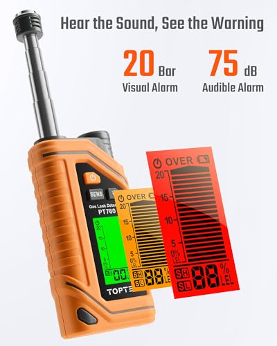 Detector de gas natural recargable PT760, detector de fugas de gas con sonda extensible de 12 pulgadas, detector de fugas de propano % LEL con linterna incorporada para metano, butano, gas
