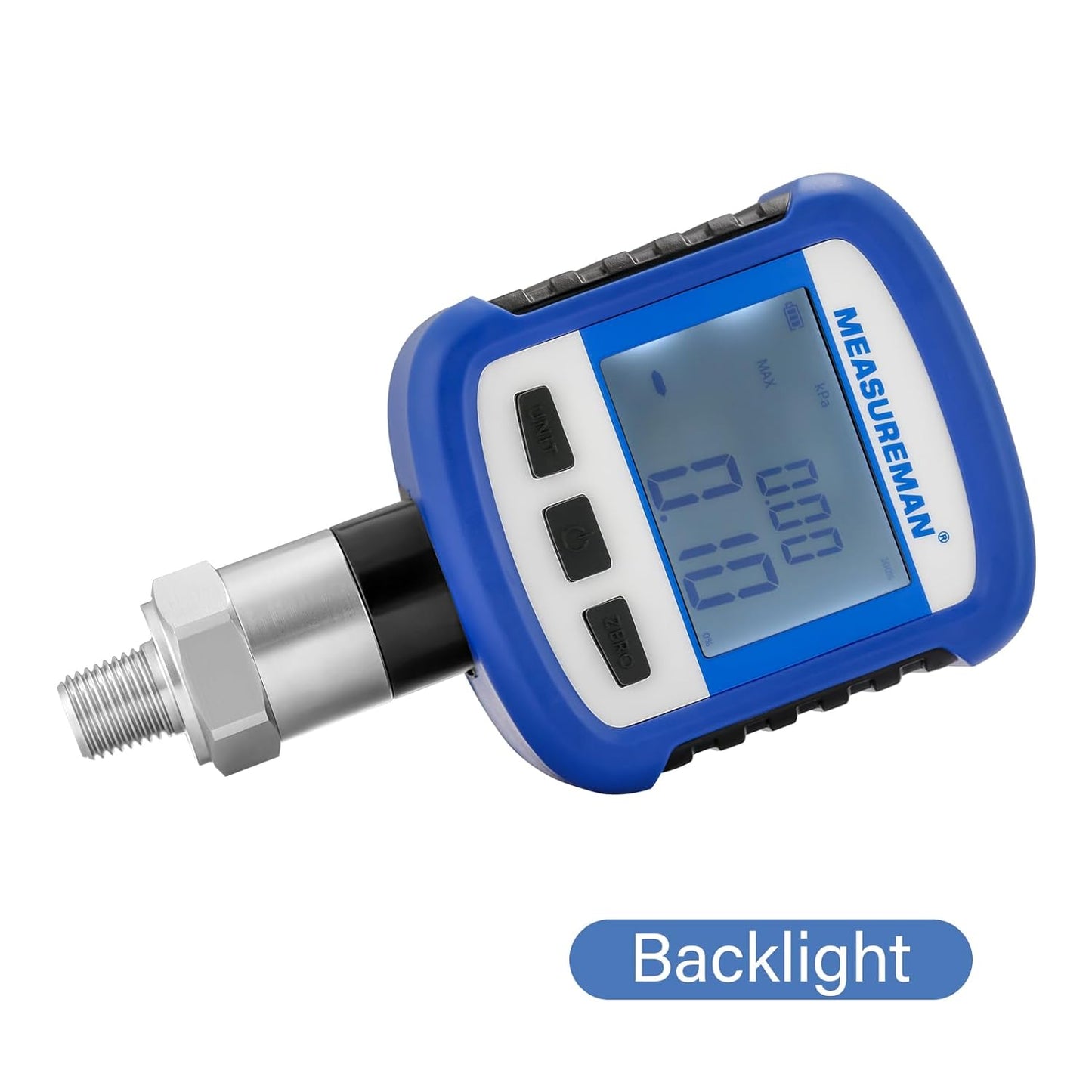 Medidor de presión industrial digital de 0-60 psi, 0.2% FS, NPT de 1/4 pulgadas inferior, caja y conexión de acero inoxidable, alimentado por batería, con Bluetooth y luz LCD