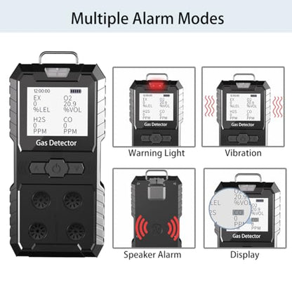 Detector de 4 gases, 4 monitores de gas portátil Detector de gas múltiple H2S, O2, CO y EX Pantalla LCD recargable Monitor H2s, sensor de calidad, medidor de gas de 13.1 ft (negro)
