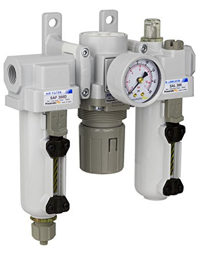 PneumaticPlus SAU300-N03G-MEP Filtro de Aire Comprimido Regulador Lubricador Combo 3/8" NPT - Cuenco de metal, drenaje manual, soporte, calibre