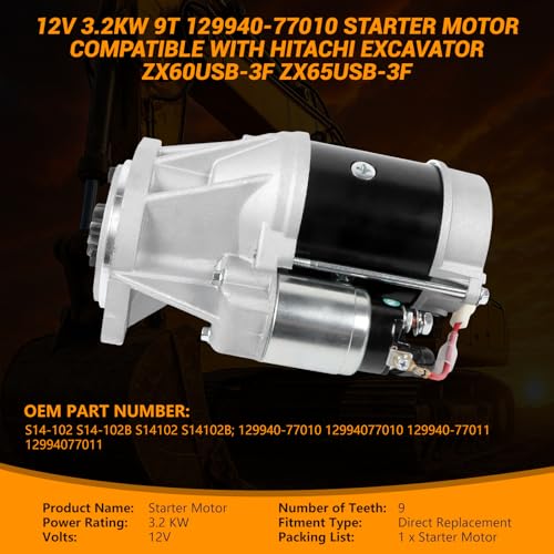 Motor de arranque de 12V 3.2KW 9T 129940-77010 129940-77011 S14-102 Piezas de repuesto de arranque compatibles con Hitachi Excavator ZX60USB-3F ZX65USB-3F para Yanmar Engine 4TNE94 4TNV98
