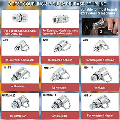 Kit de verificación de presión hidráulica de 70 m, con medidores de presión digitales de 10000 PSI/70 MPa, 11 acoplamientos, 2 mangueras de prueba, kit de acoplamiento de probador hidráulico para