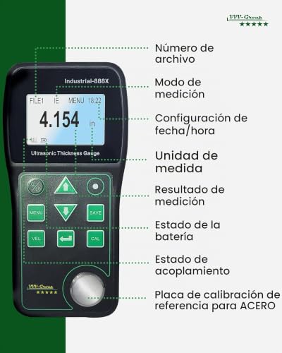 Medidor de espesor ultrasónico Industrial-888X – Eco-Echo Through Coating hasta 19,7 mils (500 μm), Pulse-Echo para hierro fundido, Exportación de datos de PC, Medidor de espesor NDT 0.039–19.685 in. VVV-Group