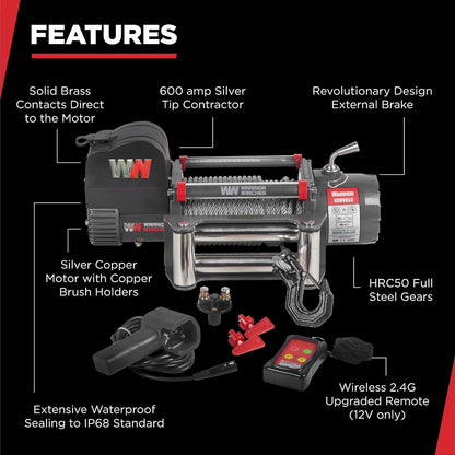 Warrior Winches Samurai 8,000 lbs 12v cabrestante eléctrico con cable de acero: perfecto para Jeep Wranglers, camiones, ATV y aventuras todoterreno. Controles inalámbricos