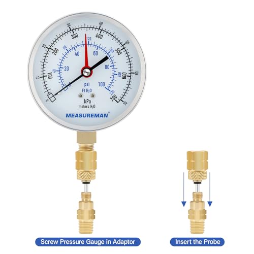 Measureman Kit de prueba de presión y temperatura, 0-100 psi/ft H2O/kPa/metros H2O, -65 °F a 220 °F y -40 °F a 140 °C, parte inferior NPT de 1/4 pulgadas con adaptador de calibre