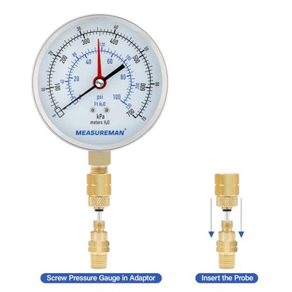 Measureman Kit de prueba de presión y temperatura, 0-100 psi/ft H2O/kPa/metros H2O, -65 °F a 220 °F y -40 °F a 140 °C, parte inferior NPT de 1/4 pulgadas con adaptador de calibre