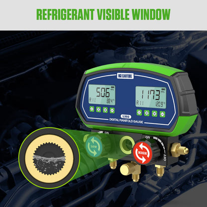 MR CARTOOL L302 - Juego de medidores digitales de 2 válvulas, sistemas refrigerantes HVAC, herramienta de comprobador de presión de fugas con 3 mangueras para aire acondicionado, refrigeración y