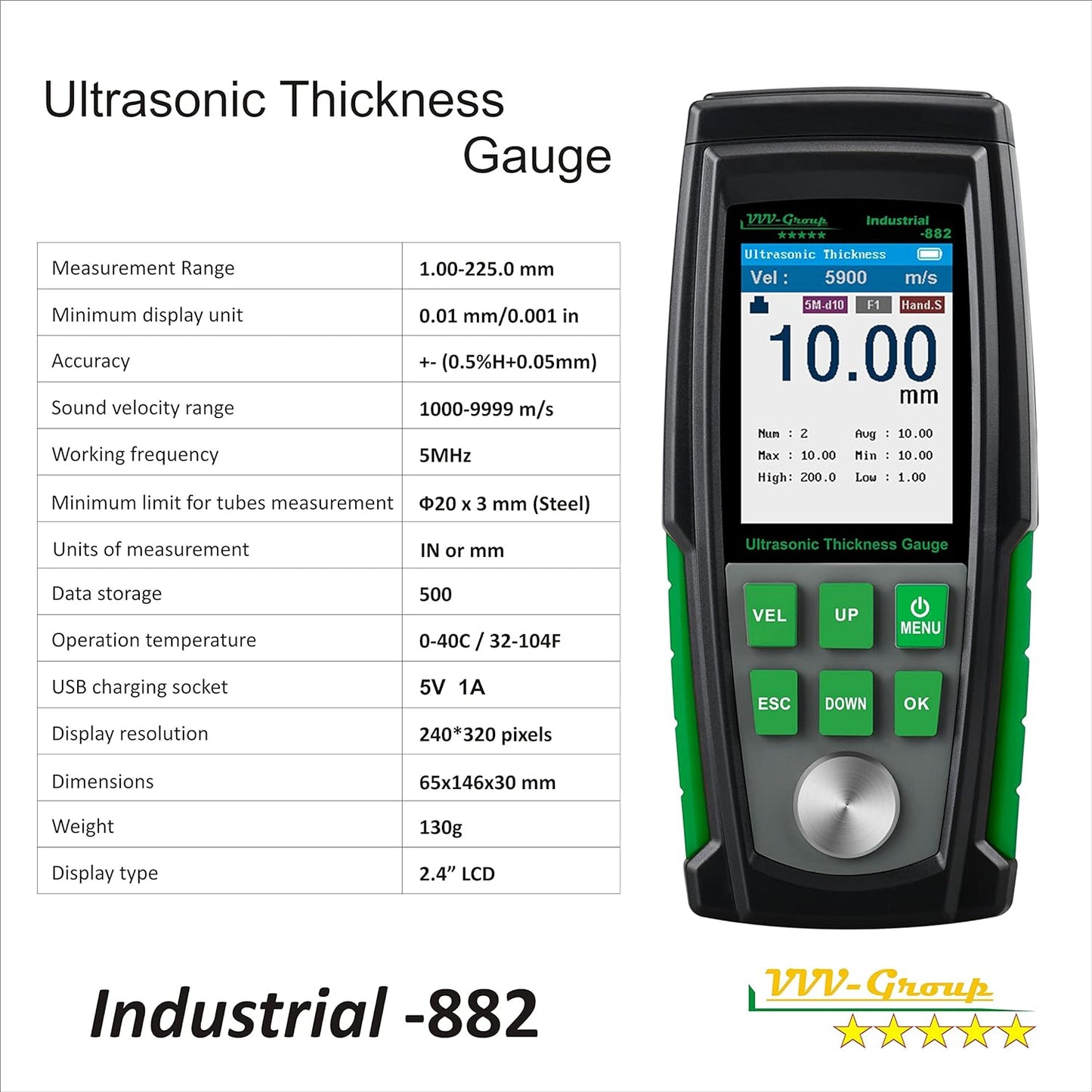 Medidor de espesor ultrasónico Industrial-882 / acero, metales, plástico, vidrio, PVC, medidor de espesor de tuberías, rango de 0.039 a 8.8 pulgadas, LCD de color HD de 2.4 pulgadas, calibración automática (todo el material)