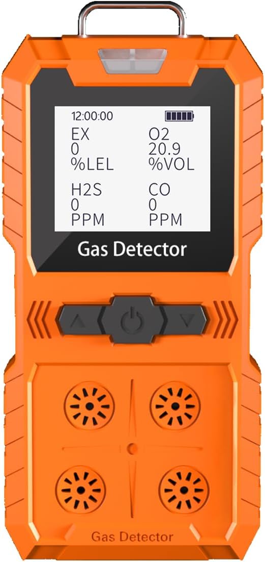 Detector de 4 gases, 4 monitores de gas portátil Detector de gas múltiple H2S, O2, CO y EX Pantalla LCD recargable Monitor H2s, sensor de calidad, medidor de gas de 13.1 ft (negro)