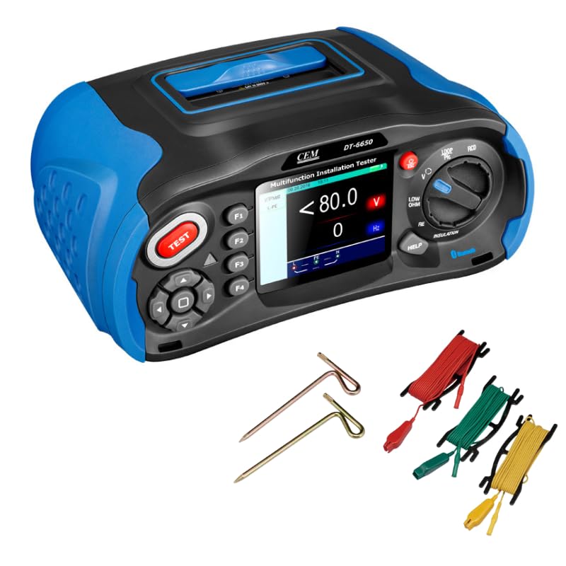CEM Probador de instalación multifunción DT-6650 con kit de prueba de resistencia a tierra – Incluye sondas, cables (rojo, verde, amarillo), varillas de hierro y clips de soporte 400V TN