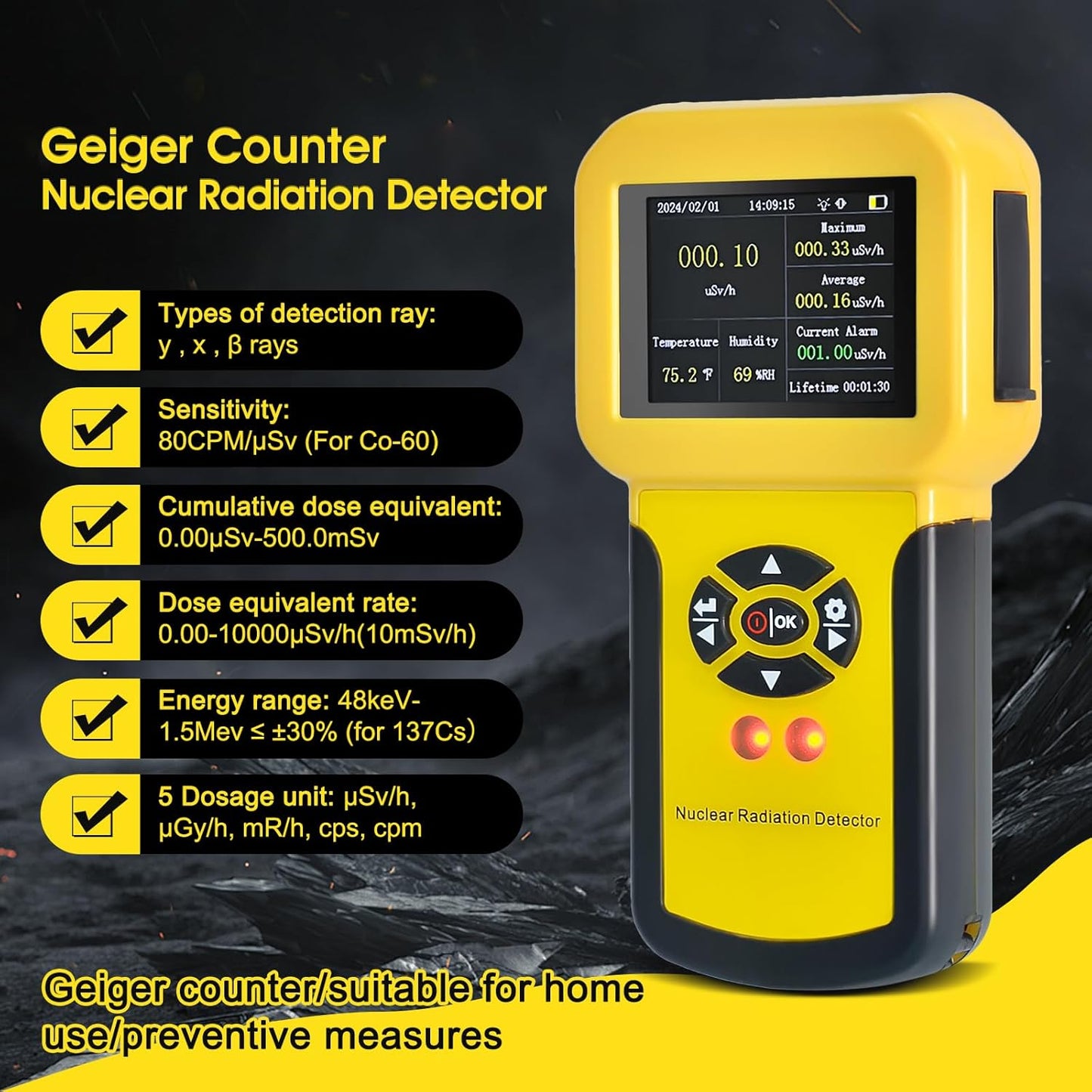 Detector de radiación nuclear, detector radiactivo, medidor radiactivo con pantalla LCD, detector radiactivo, detector de detección de rayos X beta gamma nivel CPM con alarma, monitor de radiación