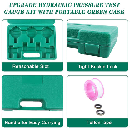 Kit de manómetro hidráulico 25Mpa/40Mpa/60Mpa, 3 manómetros 6 acoplamientos de prueba, 3 mangueras de prueba, 1 estuche de almacenamiento para maquinaria de construcción de excavadoras,