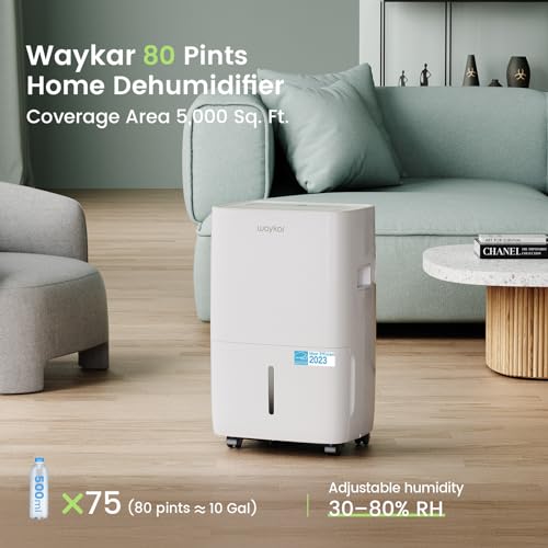 Waykar 80 Pints Energy Star Dehumidifier for Spaces up to 5,000 Sq. Ft at Home, in Basements and Large Rooms with Drain Hose and 1.14 Gallons Water Tank (JD025CE-80)