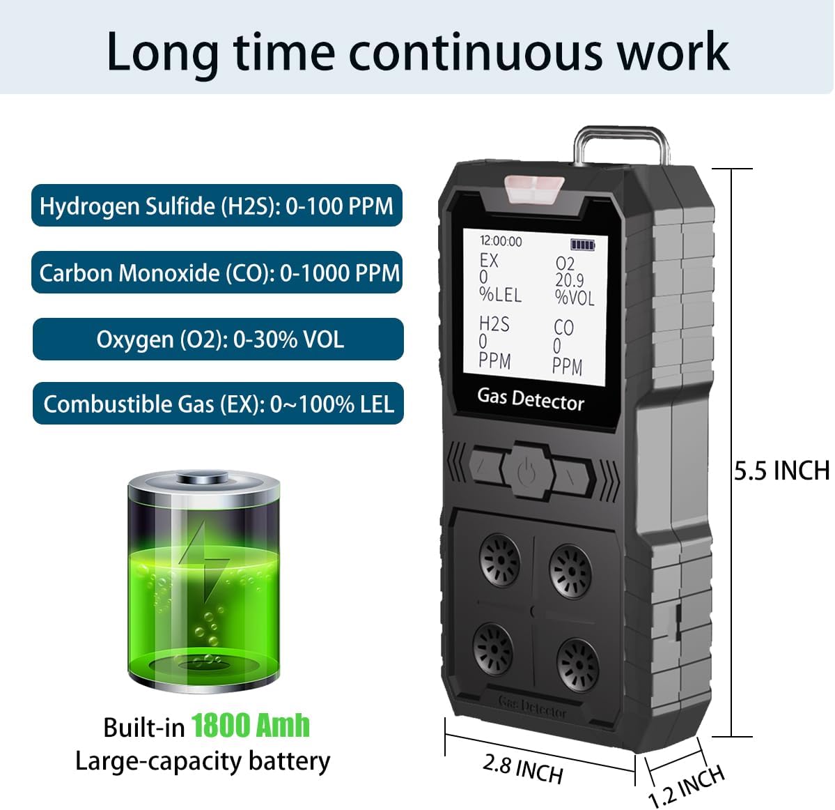 Detector de 4 gases, 4 monitores de gas portátil Detector de gas múltiple H2S, O2, CO y EX Pantalla LCD recargable Monitor H2s, sensor de calidad, medidor de gas de 13.1 ft (negro)