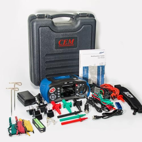 CEM Probador de instalación multifunción DT-6650 con kit de prueba de resistencia a tierra – Incluye sondas, cables (rojo, verde, amarillo), varillas de hierro y clips de soporte 400V TN