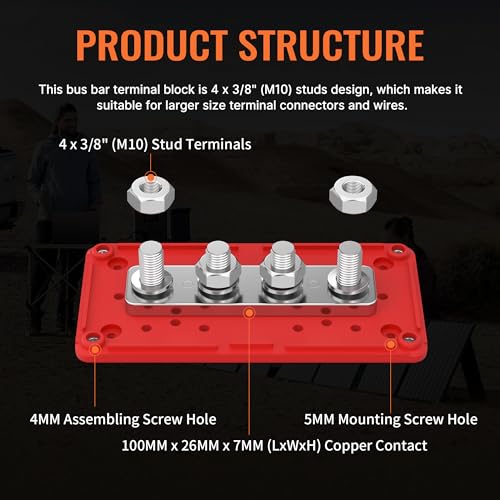 Joinfworld Barra de bus de 300 A, bloque de distribución de energía impermeable de 12 V CC con 4 pernos de 3/8 pulgadas, bloque de terminales de barra de autobús de batería marina resistente, 12