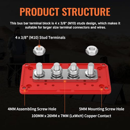 Joinfworld Barra de bus de 300 A, bloque de distribución de energía impermeable de 12 V CC con 4 pernos de 3/8 pulgadas, bloque de terminales de barra de autobús de batería marina resistente, 12