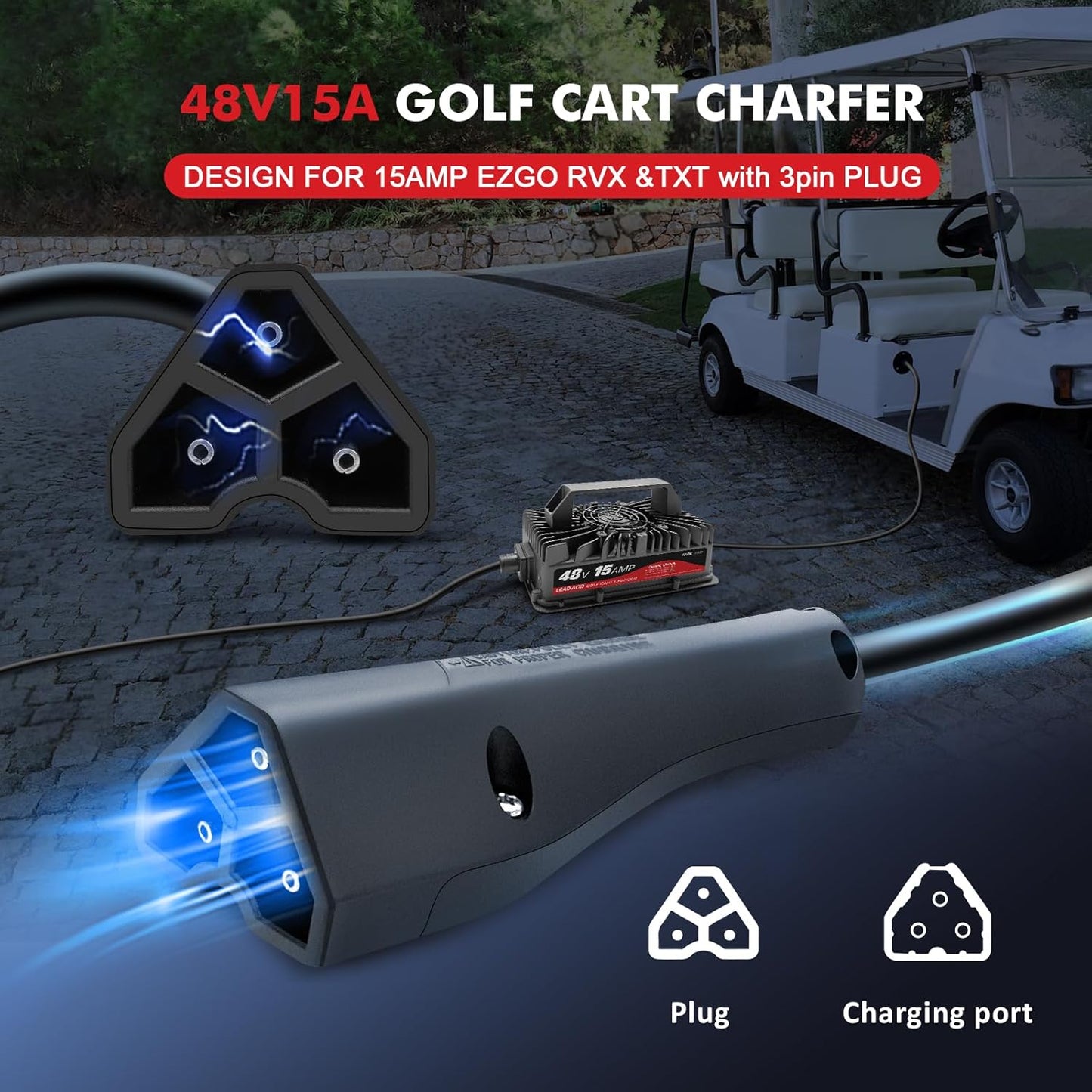 Cargador de carrito de golf de 15 amperios para EZGO y TXT de 48 voltios con enchufe Delta-Q de 3 pines