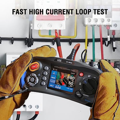 CEM Probador de instalación multifunción DT-6650 con kit de prueba de resistencia a tierra – Incluye sondas, cables (rojo, verde, amarillo), varillas de hierro y clips de soporte 400V TN