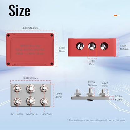 Joinfworld Bloque de distribución de energía impermeable de barra de bus de 500 A resistente al agua con 4* 5/16 "(M8)+2* 3/8 "(M10) Studs 48V DC Bloque de distribución de terminales de batería marina