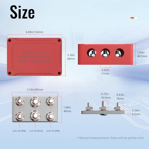 Joinfworld Bloque de distribución de energía impermeable de barra de bus de 500 A resistente al agua con 4* 5/16 "(M8)+2* 3/8 "(M10) Studs 48V DC Bloque de distribución de terminales de batería marina