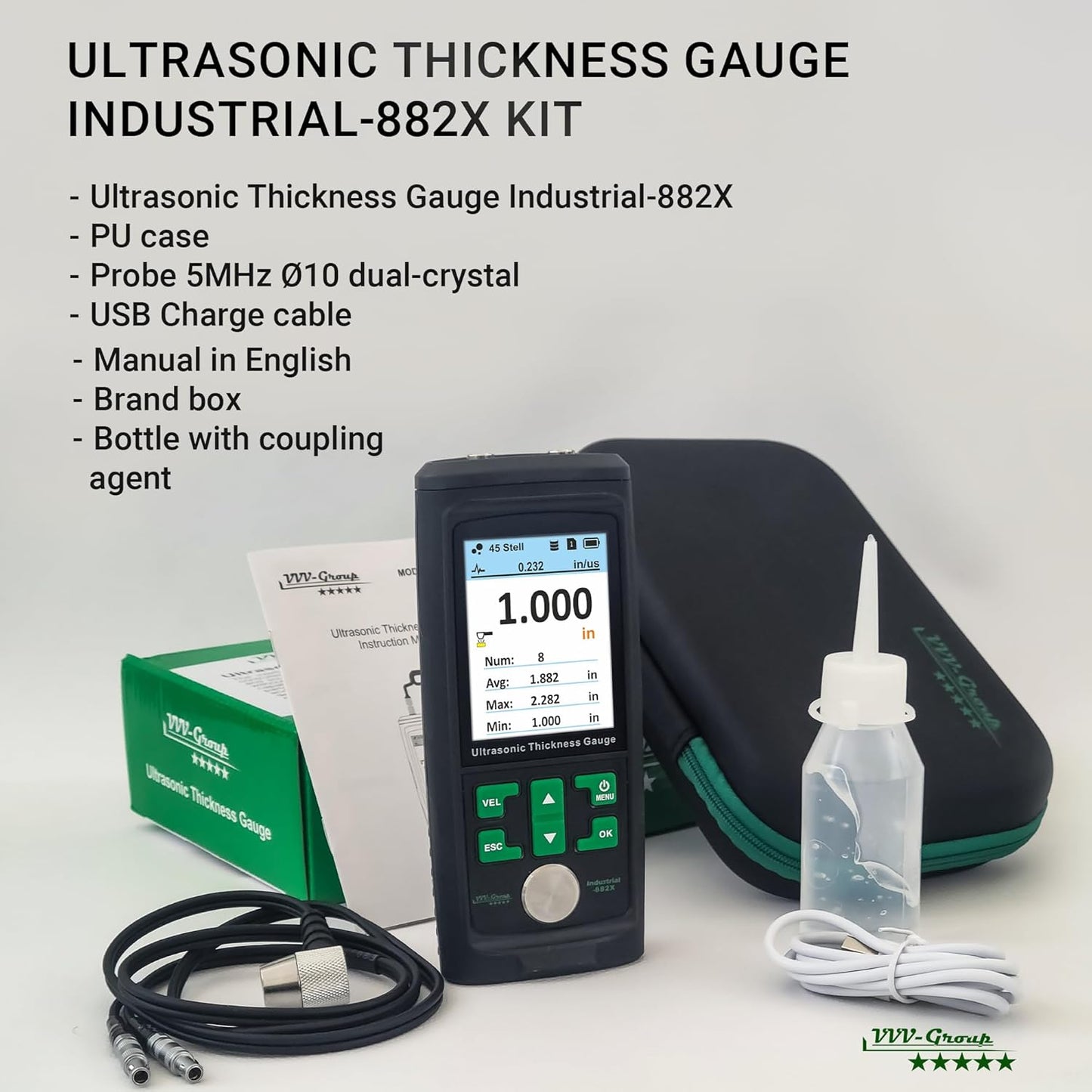 Medidor de espesor ultrasónico industrial-882X / acero, metales, plástico, vidrio, PVC, tuberías Medidor de espesor - Rango 0.039 a 11.811 pulgadas (0.039-11.811 in) | LCD a color (todo material)