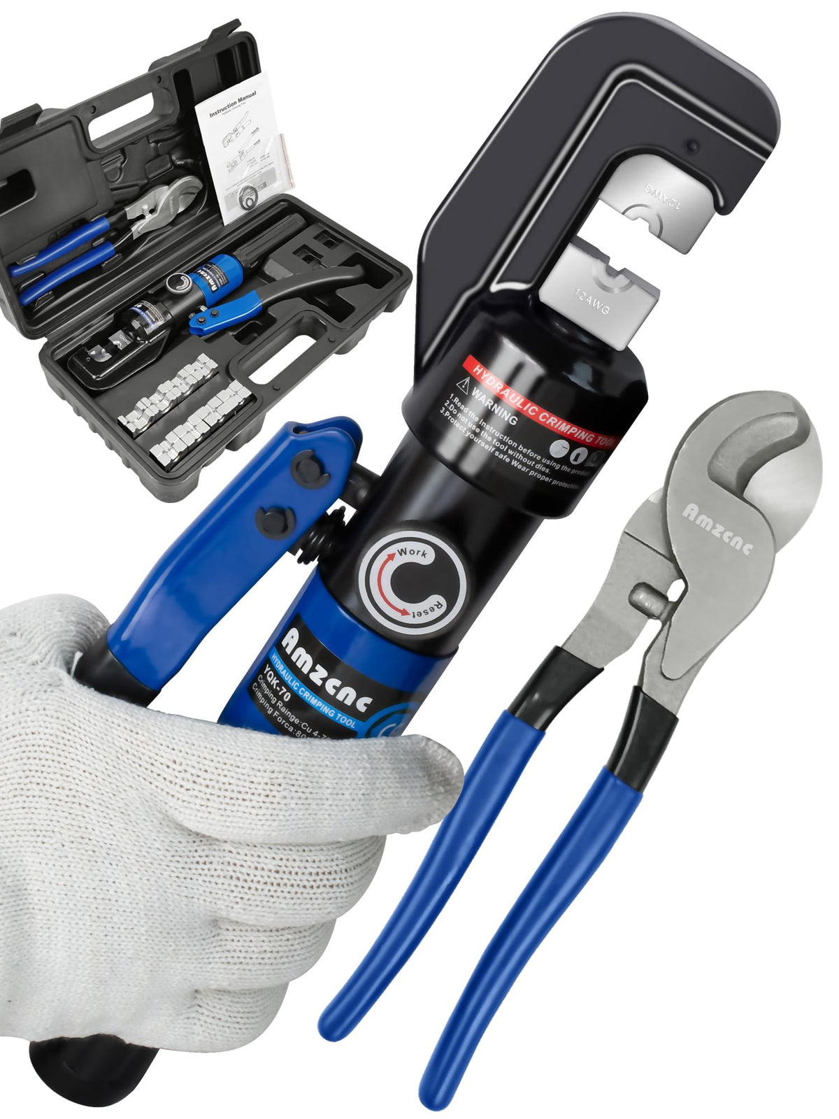 AMZCNC YQK-70 Herramienta de prensado hidráulico y cortador de cables, crimpadora hidráulica de lengüetas de cable 8 toneladas de EE. UU. 12 AWG a 00 (2/0) kit de herramientas de cable de terminal