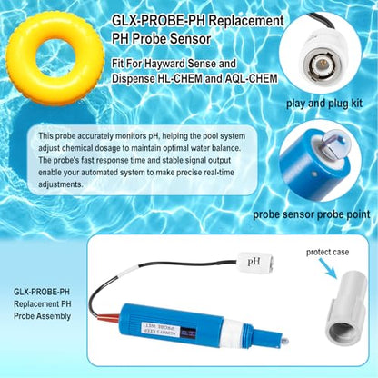 GLX-PROBE-PH Replacement PH Probe Sensor Part with Cover Fit For Hayward Sense and Dispense HL-CHEM AQL-CHEM, For CAT and HCC Controllers, For Hayward Salt Chlorine Generator AQR-PRO-SD, HPC-4-ACT-RC