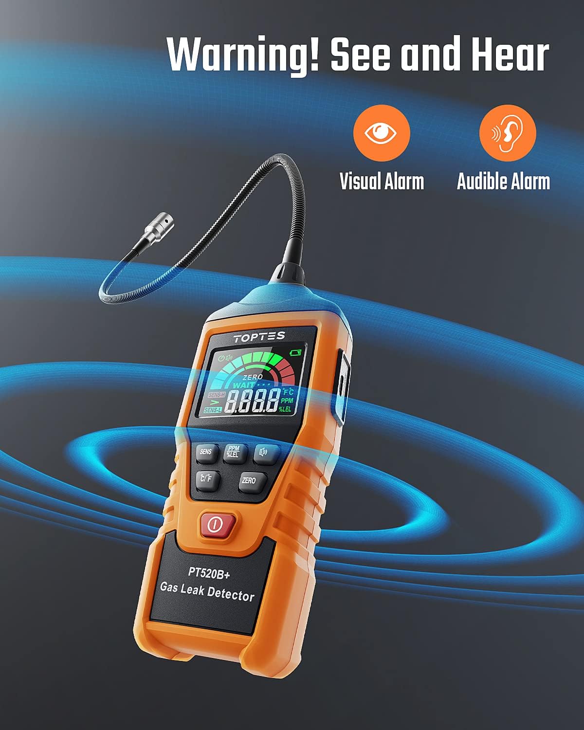 TopTes PT520B+ - Detector de fugas de gas recargable con una sonda de 43,5 cm para ubicar fugas de gas para propano, gas natural, metano, GLP en RV o hogar, medición de PPM o %LEL, color naranja