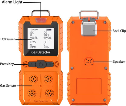 Detector de 4 gases, 4 monitores de gas portátil Detector de gas múltiple H2S, O2, CO y EX Pantalla LCD recargable Monitor H2s, sensor de calidad, medidor de gas de 13.1 ft (negro)