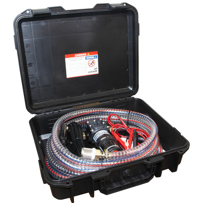 GENHOU Juego de bomba de transferencia de combustible de 12 V, mueve hasta 122 galones de gas o diésel por hora con motor de CC de 75 W y funda de transporte mejorada, con tubo de combustible de alta