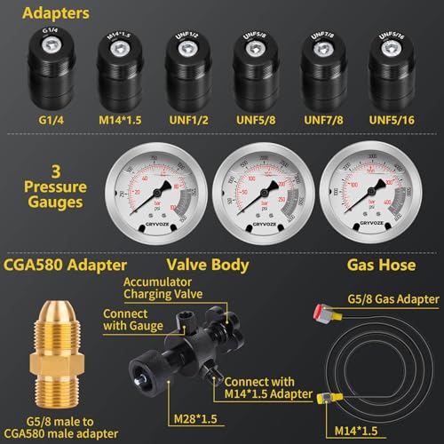 Kit de carga de acumulador de nitrógeno hidráulico, kit de llenado de nitrógeno, sistema de prueba de presión, herramientas de carga de gas con 7 adaptadores, 3 calibradores, 1 manguera de gas