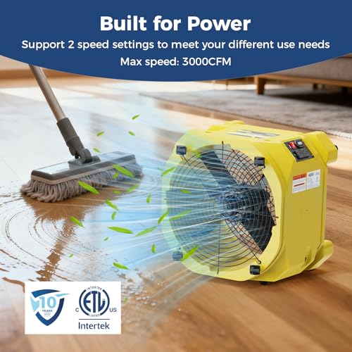 ALORAIR Air Mover - Secador de suelo con ventilador axial de 3000 CFM, secadora de alfombras industrial de alta velocidad, apilable, cadena de margarita, para restauración de daños por agua 	Zeus Extreme
