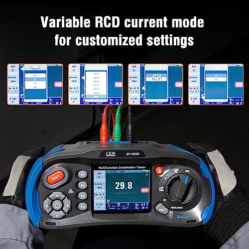CEM Probador de instalación multifunción DT-6650 con kit de prueba de resistencia a tierra – Incluye sondas, cables (rojo, verde, amarillo), varillas de hierro y clips de soporte 400V TN