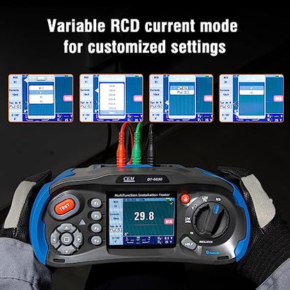 CEM Probador de instalación multifunción DT-6650 con kit de prueba de resistencia a tierra – Incluye sondas, cables (rojo, verde, amarillo), varillas de hierro y clips de soporte 400V TN