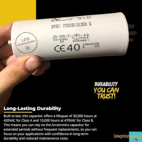 Arcotronics C274Ac35400Aa0J Condensador de polipropileno 40Uf 470VAC Q.C 5% AV Condensador de conexión de 4 hilos: (1.27.4AC3 MKP) 40 uf 5%, 420v-30000h/clase A, 470v-1000h/clase B, 25/085/2 34 ES