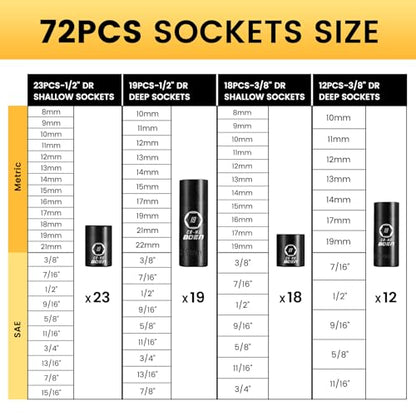 boen Juego de llaves de impacto de 119 piezas, juego de llaves de vaso de 1/2" y 3/8" profundo/poco profundo SAE/métrico, Cr-MO y S2, 6 puntos, broca de impacto, enchufes Allen incluidos